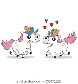 Cute and funny enamored unicorns. Vector cartoon illustration of a fairy animal isolated on white background.