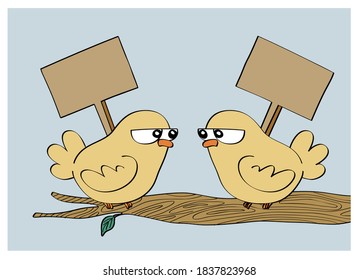 Cute funny enemies birds characters watching each other on a tree branch and with cardboard banners, messages. Cartoon style hand drawn vector illustration.