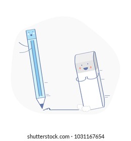 Cute funny eraser chasing the pencil. He wants to cuddle. Rubber icon, correction symbol, erasure mistake correction, remove, deleting tool. Flat outline vector illustration on white background.