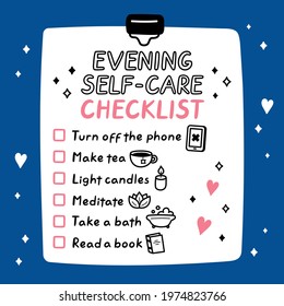 Cute funny evening self-care to do list, checklist. Vector hand drawn cartoon kawaii character illustration icon. Evening Self-care checklist  sticker, card, poster concept