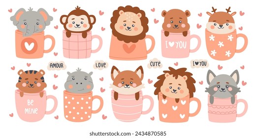 Cute funny exotic zoo and wild forest animals sitting inside ceramic cups showing love emotion and adoration isolated kawaii set. Emoticon sticker collection with doodle creature vector illustration