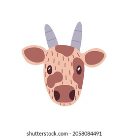 Cute funny face of baby cow with adorable eyes. Head portrait of amusing bull calf in doodle style. Lovely muzzle of young domestic animal. Flat vector illustration isolated on white background