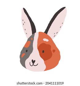 Cute funny face of bunny. Baby rabbits head portrait in doodle style. Adorable little animal with long ears. Lovely muzzle of spotty hare. Flat vector illustration isolated on white background