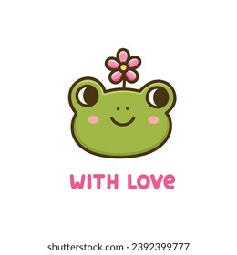 Cute funny face or head frog with pink flower. Kawaii toad character. Cartoon animal. Colorful vector illustration on white background and text - with love