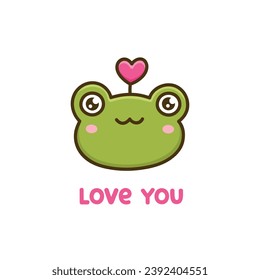 Cute funny face or head frog with pink heart. Kawaii toad character. Cartoon animal. Colorful vector illustration on white background and text - love you. Valentine's Day card