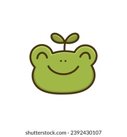 Cute funny face or head frog with green sprout. Kawaii toad character. Cartoon animal. Colorful vector illustration on white background