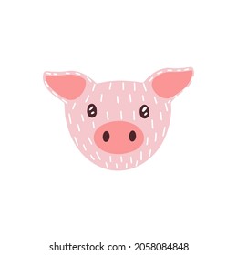 Cara graciosa de mini cerdo. Divertido retrato de cabeza de lechón al estilo de doodle. Agradable hocico adorable de un joven animal doméstico. Ilustración vectorial plana de la cerda de bebé aislada en fondo blanco