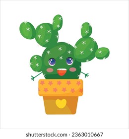 Cute funny faces of cacti in pots and with plants are friends. Indoor plants, succulents. Thorny plants in cartoon style. Vector illustration isolated on white background.