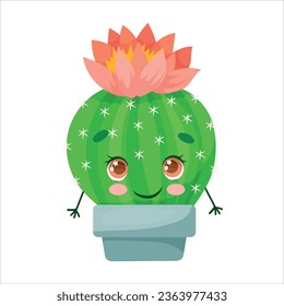 Kleine, lustige Gesichter von Kakteen in Töpfen und mit Pflanzen sind Freunde. Innenpflanzen, Sukkulente. Thorny Pflanzen im Cartoon-Stil. Vektorgrafik einzeln auf weißem Hintergrund.