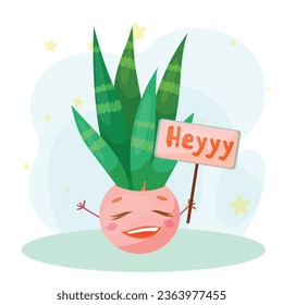 Cute funny faces of cacti in pots and with plants are friends. Indoor plants, succulents. Thorny plants in cartoon style. Vector illustration isolated on white background.