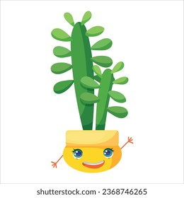 Cute funny faces of cacti in pots and with plants are friends. Indoor plants, succulents. Thorny plants in cartoon style. Vector illustration isolated on white background.