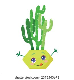 Cute funny faces of cacti in pots and with plants are friends. Indoor plants, succulents. Thorny plants in cartoon style. Vector illustration isolated on white background.