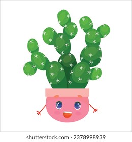 Cute funny faces of cacti in pots and with plants are friends. Indoor plants, succulents. Thorny plants in cartoon style. Vector illustration isolated on white background.