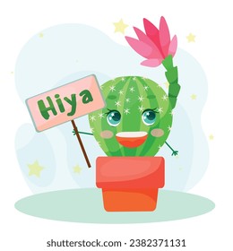Cute funny faces of cacti in pots and with plants are friends. Indoor plants, succulents. Thorny plants in cartoon style. Vector illustration isolated on white background.