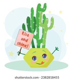 Cute funny faces of cacti in pots and with plants are friends. Indoor plants, succulents. Thorny plants in cartoon style. Vector illustration isolated on white background.