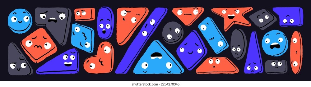 Cute funny faces in geometric shapes set. Emojis, emotions in geometry figures with angry, happy, sad expressions, positive and negative mood, feelings. Isolated kids flat graphic vector illustrations