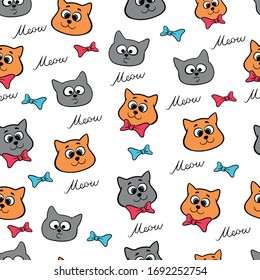 cute funny faces of gray and red cats with bows, on a white background, with the word meow, seamless color vector pattern
