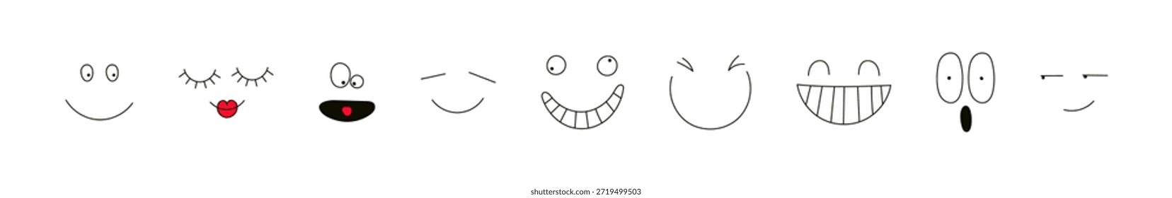 Cute funny faces isolated on transparent background. Hand drawn vector illustration. Line drawing. Cartoon character. Kid fashion, textile print, design element, clip art set, collection