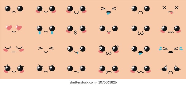 Cute funny faces set. Lovely kawaii characters with different emotions. Simple cartoon design. Flat style vector illustration.