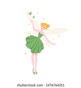 Cute funny fairy in beautiful elegant dress isolated on white background. Mythical or folkloric magical creature, flying legendary or fairytale character. Flat cartoon colorful vector illustration.