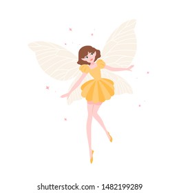 Cute funny fairy or flying elf in elegant dress with butterfly wings isolated on white background. Mythological creature, magical character from fairytales, legends. Flat cartoon vector illustration.