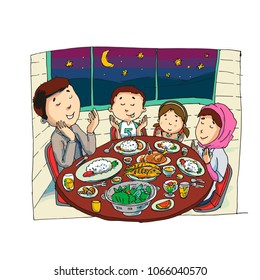 Cute and funny family pray before eating together - vector.