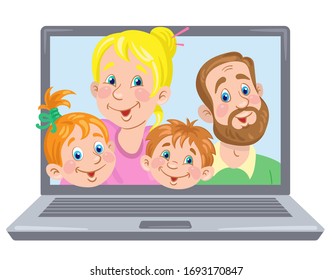 Cute funny family with two children on a laptop screen. Video chat online. Internet communication during quarantine. In cartoon style. Vector illustration