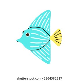 Cute funny fancy fantastic fish. Fantasy aquarium animal with big fins. Little exotic tropical sea marine species. Fictional fauna. Colored flat vector illustration isolated on white background