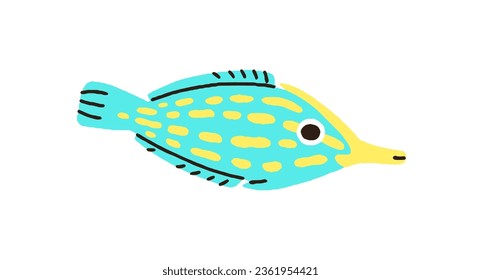Cute funny fancy fish. Little small fictional species. Aquarium water and tropical exotic sea animal. Whimsical fantasy fauna. Colored flat graphic vector illustration isolated on white background