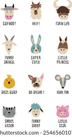 Cute and funny farm animal faces  set. Hand drawn illustrations to design children's cards, posters, stickers. Animals face and funny lettering.