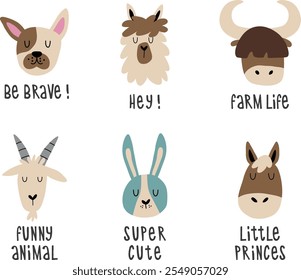 Cute and funny farm animal faces set. Hand drawn illustrations with animal and lettering.