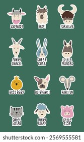 Cute and funny farm animal faces sticker pack. Hand-painted animal stickers and lettering.