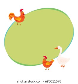 Cute, funny farm birds - rooster, hen, goose, pasture, cartoon vector illustration with space for text. Cute cartoon, comic style farm chicken and goose