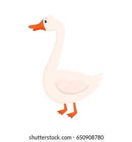 Cute and funny farm goose, cartoon vector illustration isolated on white background. Cute cartoon, comic style white farm goose with orange beak and paws