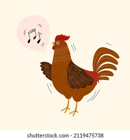 Afiche de granja, pollo, gallo, gallo, ilustración vectorial dibujada a mano con dibujos animados.