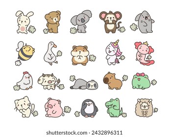 Cute and funny farting animals. Cartoon characters. Hand drawn style. Vector drawing. Collection of design elements.