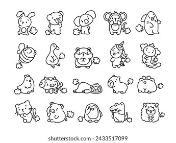 Cute and funny farting animals. Coloring Page. Cartoon characters. Hand drawn style. Vector drawing. Collection of design elements.