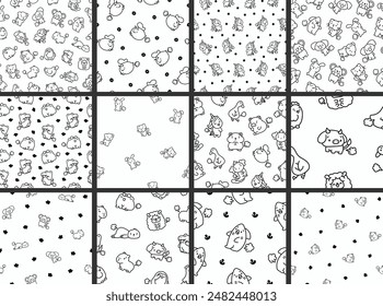 Cute and funny farting animals. Seamless pattern. Coloring Page. Cartoon characters. Hand drawn style. Vector drawing. Collection of design ornaments.