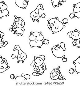 Cute and funny farting animals. Seamless pattern. Coloring Page. Cartoon characters. Hand drawn style. Vector drawing. Design ornaments.