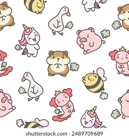 Cute and funny farting animals. Seamless pattern. Cartoon characters. Hand drawn style. Vector drawing. Design ornaments.