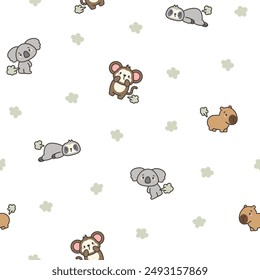 Cute and funny farting animals. Seamless pattern. Cartoon characters. Hand drawn style. Vector drawing. Design ornaments.