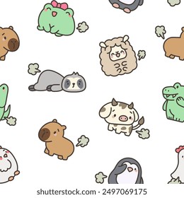 Cute and funny farting animals. Seamless pattern. Cartoon characters. Hand drawn style. Vector drawing. Design ornaments.