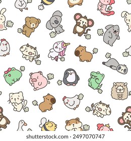 Cute and funny farting animals. Seamless pattern. Cartoon characters. Hand drawn style. Vector drawing. Design ornaments.