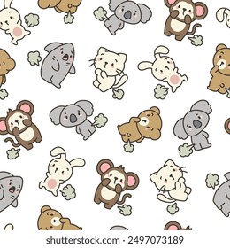 Cute and funny farting animals. Seamless pattern. Cartoon characters. Hand drawn style. Vector drawing. Design ornaments.