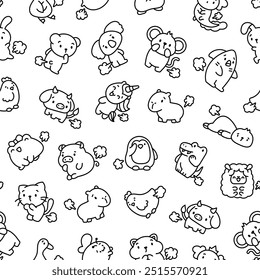 Cute and funny farting animals. Seamless pattern. Coloring Page. Cartoon characters. Hand drawn style. Vector drawing. Design ornaments.