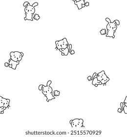 Cute and funny farting animals. Seamless pattern. Coloring Page. Cartoon characters. Hand drawn style. Vector drawing. Design ornaments.