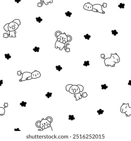 Cute and funny farting animals. Seamless pattern. Coloring Page. Cartoon characters. Hand drawn style. Vector drawing. Design ornaments.