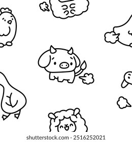 Cute and funny farting animals. Seamless pattern. Coloring Page. Cartoon characters. Hand drawn style. Vector drawing. Design ornaments.