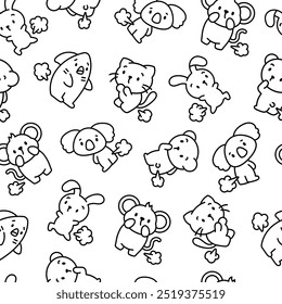 Cute and funny farting animals. Seamless pattern. Coloring Page. Cartoon characters. Hand drawn style. Vector drawing. Design ornaments.