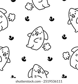 Cute and funny farting animals. Seamless pattern. Coloring Page. Cartoon characters. Hand drawn style. Vector drawing. Design ornaments.